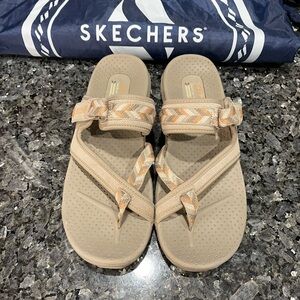 Skechers Reggae Zig Swag Tan Sandals with Braided Orange Straps & Bag Size 8.5
